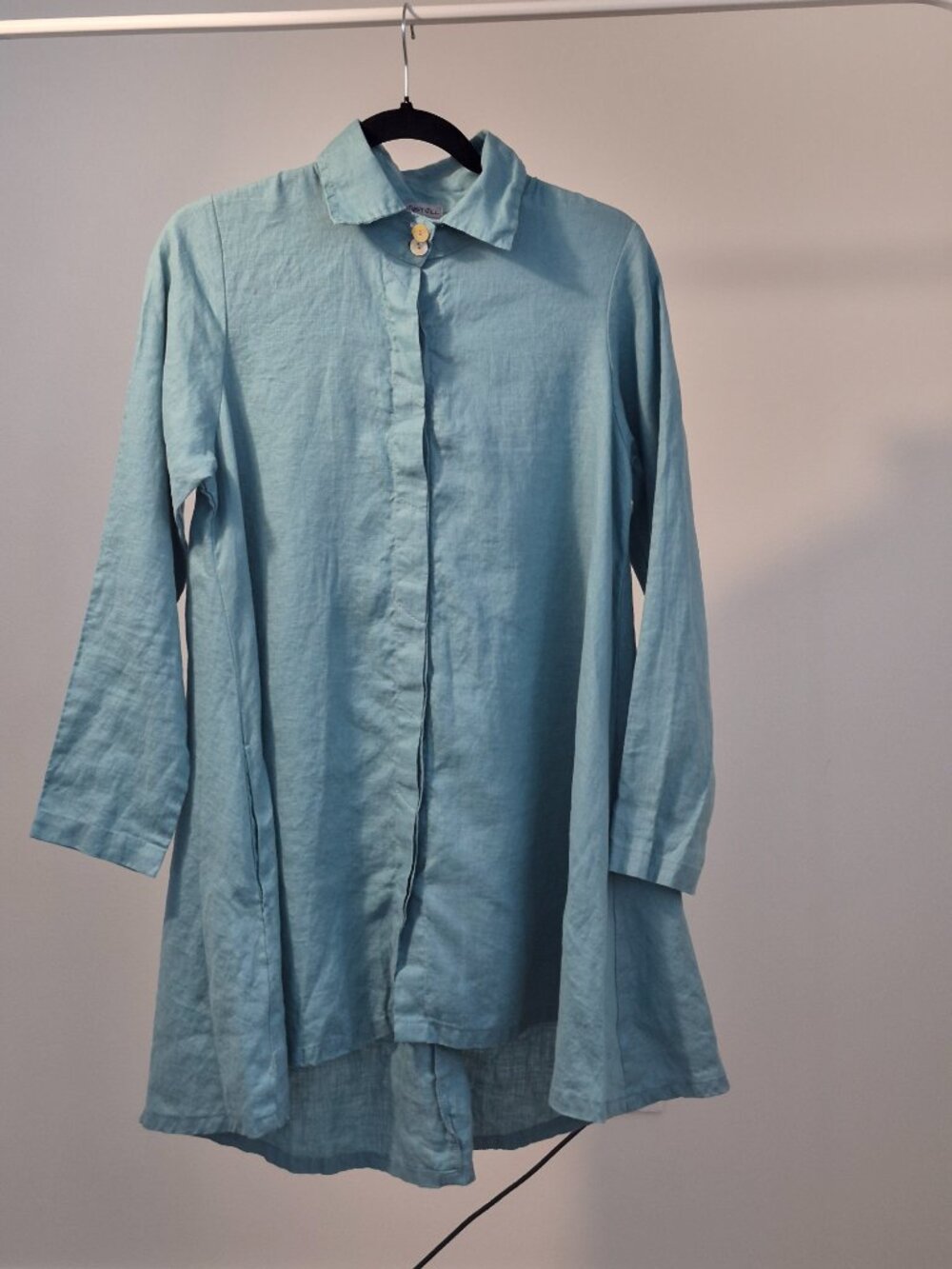 Linen Shirt Dress Women’s S Long Sleeve high-low curved hem Side Pockets
